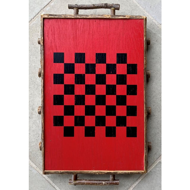Excellent Pre-Owned Condition. Whimsical Adirondack-style branch and twig checkerboard design folk art tray; a perfect...