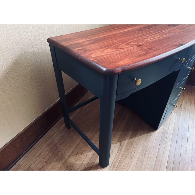 Stanley Furniture 1970s Restored Vintage Stanley Furniture Desk — Walnut-Stained Top, Charcoal Gray, Brass Hardware For Sale - Image 4 of 9