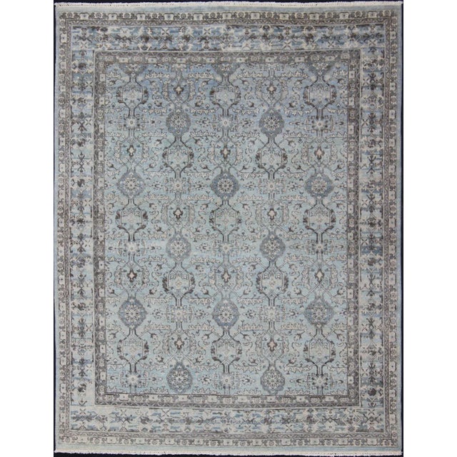 Modern Hand-Knotted Oushak Rug With Geometric Design in Blues and Browns For Sale - Image 12 of 12