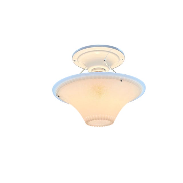 1940s Bead Chain Hanging Bowl Lights for a Bedroom or Hallway With Silver Oxide Milk Glass Shade on Metal Fixture New Paint For Sale - Image 4 of 8