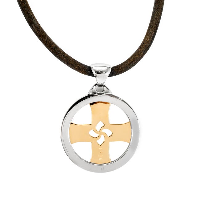 Bvlgari Tondo 18k Yellow Gold Steel Black Two Tone Chain Cross Chocker Necklace For Sale - Image 4 of 7