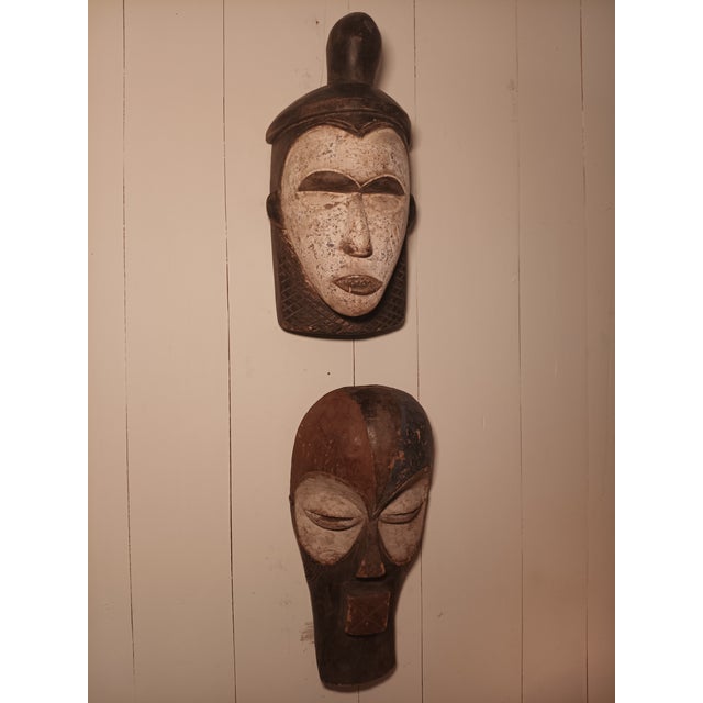 Wood Extraordinary Vintage African Tribal Mask Pair – Dramatic Hand Carved Wall Sculptures For Sale - Image 7 of 10