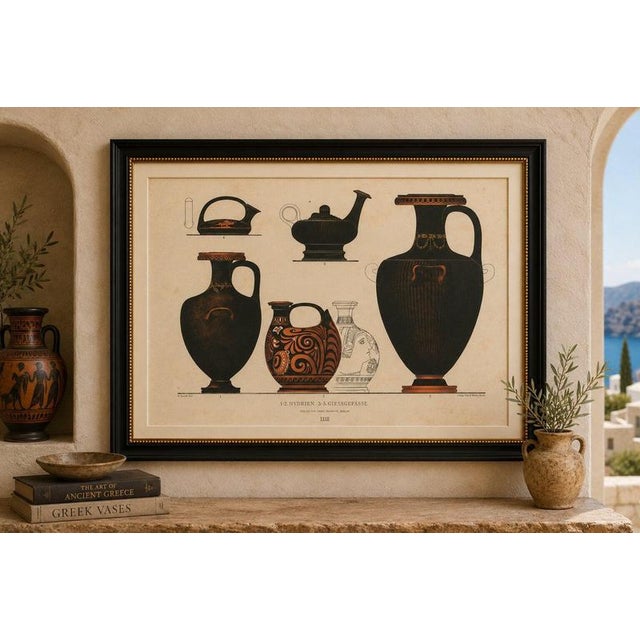Antique Greek Hydriae & Pouring Vessels Color Lithograph, 1883 Original antique color lithograph depicting a varied...