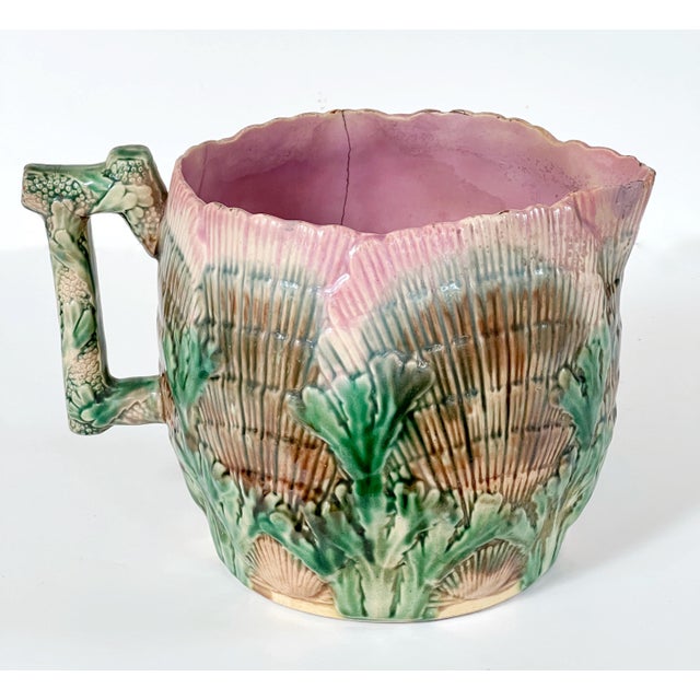 Antique 19th C Etruscan Majolica Pitcher Shell Seaweed Pattern 7" Tall C1890s. Large Water pitcher size, a rare find....