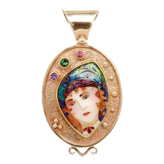 Alexa & Peter Smarsh 22k & 14k Gold & Cloisonne Enamel Woman's Face Pendant For Sale