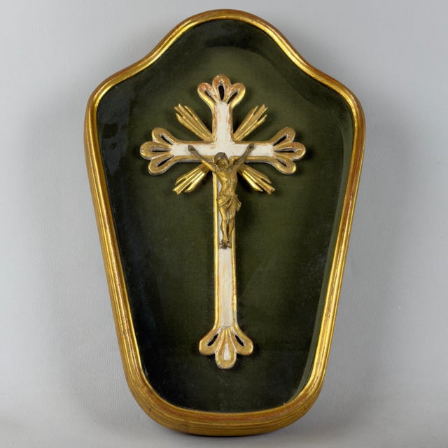 Antique Wooden Crucifix in Gilded Glass Case with Green Velvet, 1930s For Sale - Image 12 of 12