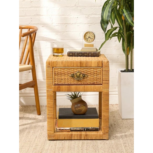 Mid 20th Century Pair of Vintage Rattan Nightstands With Drawers and Brass-Tone Hardware For Sale - Image 5 of 12