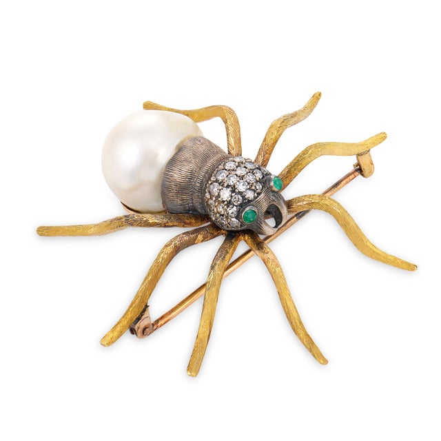 Vintage Pearl Diamond 18k Yellow Gold Silver Spider Brooch For Sale - Image 4 of 6