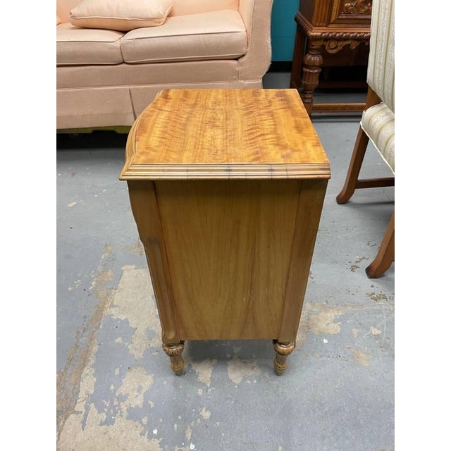 French Provincial Antique French Provincial Hand Carved Wooden Nightstand, Burl Wood Inlay, Refinished For Sale - Image 3 of 7