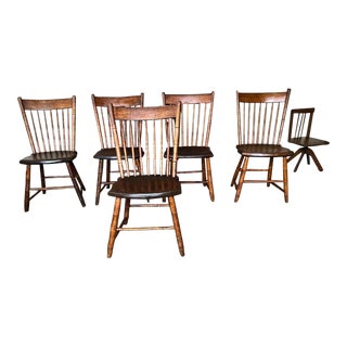 19th Century Set of 5 Antique Primitive Style Yellow Pine Dining Side Chairs For Sale