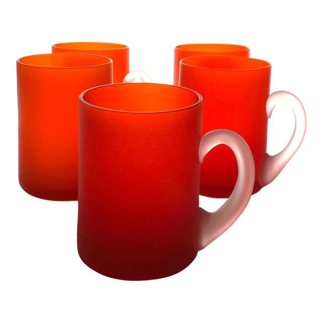 Set of 5 Vintage Orange Satin Glass Carlo Moretti Mugs For Sale