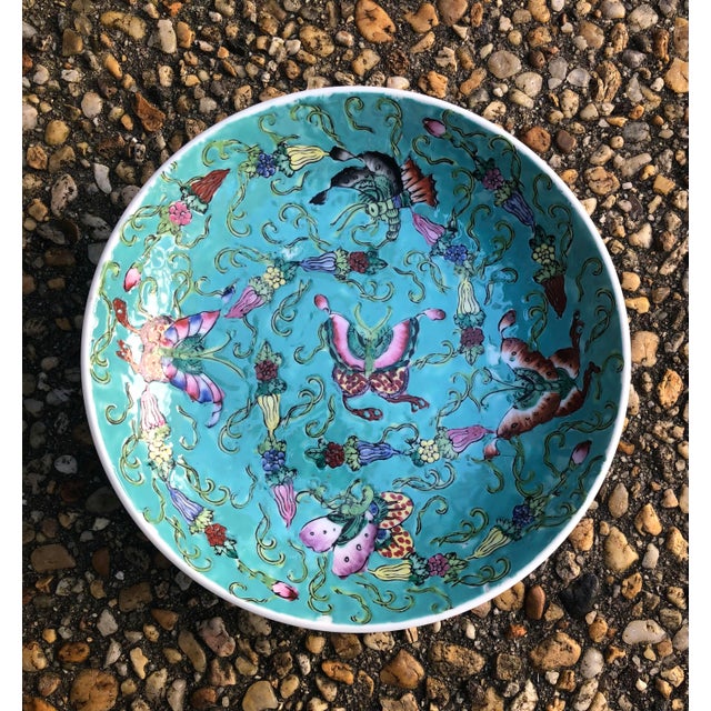 Ceramic Vintage 20th Century Japanese Porcelain Ware Heavily Enameled 7.5” Turquoise Bowl with Butterflies For Sale - Image 7 of 8