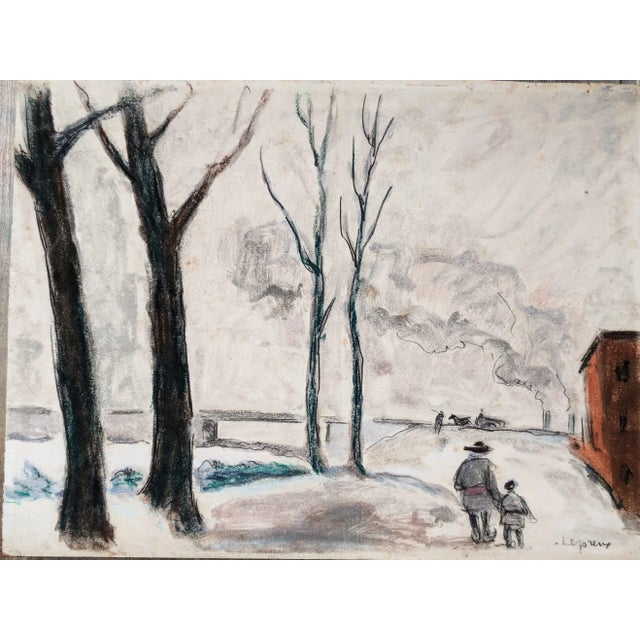 Albert Lepreux, Father and Child in a Landscape, Early 20th Century, Mixed Media on Paper For Sale - Image 4 of 7