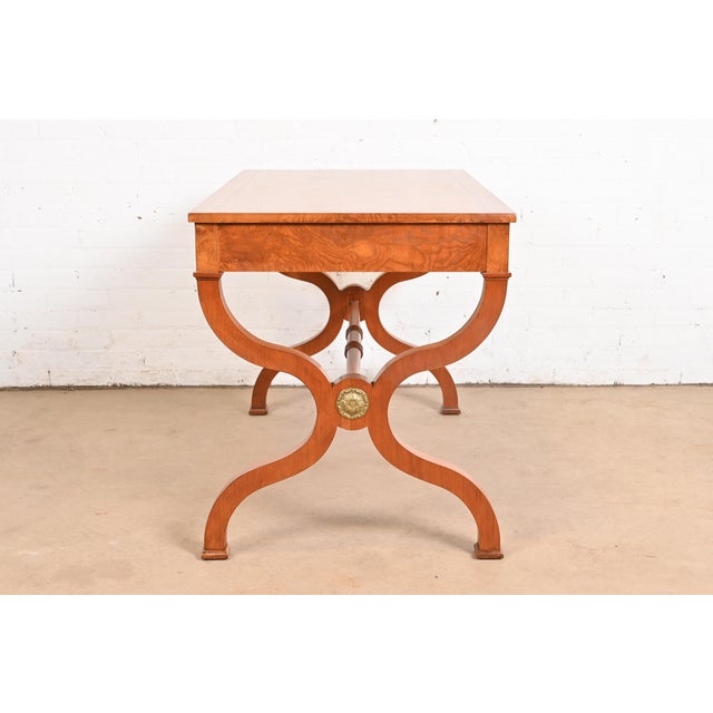 Baker Furniture Regency Burl Wood Writing Desk or Library Table, Newly Refinished For Sale - Image 9 of 12