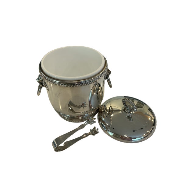 Vintage the Sheffield Silver Co. Silver-Plated Ice Bucket With Lion Head Handles, Milk Glass Liner & Ornate Ice Tongs | Hollywood Regency Barware For Sale - Image 10 of 15
