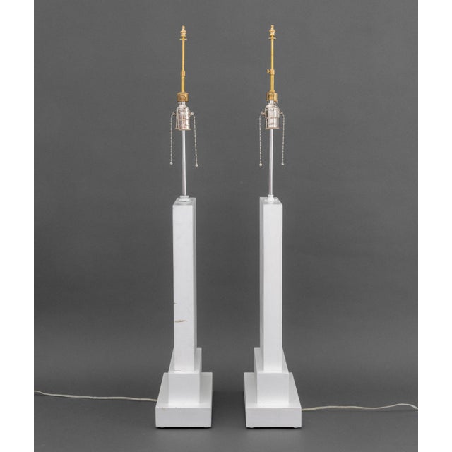 Wood Minimalist White Painted Wood Table Lamps, Pair For Sale - Image 7 of 8