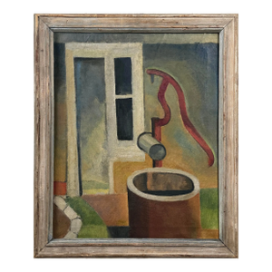 Vintage Modernist Portrait of Water Well and Pump, Oil on Canvas