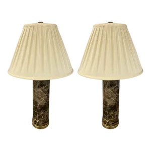 Pair of Modern Solid Marble Cylindrical Table Lamps, Brass Base, Single Bulb