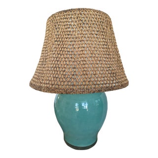 1970s Mid Century Modern Turquoise Pottery Lamp With Beaded Shade For Sale