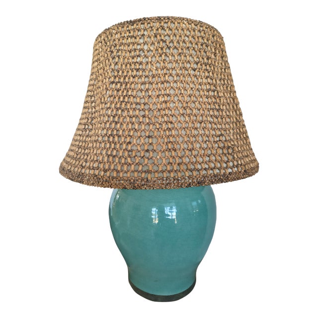 1970s Mid Century Modern Turquoise Pottery Lamp With Beaded Shade For Sale