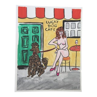 Nude Dog Poodle Cityscape Surrealism Pop Art Yllow Red Gray Green Original Painting by Cleo Plowden For Sale