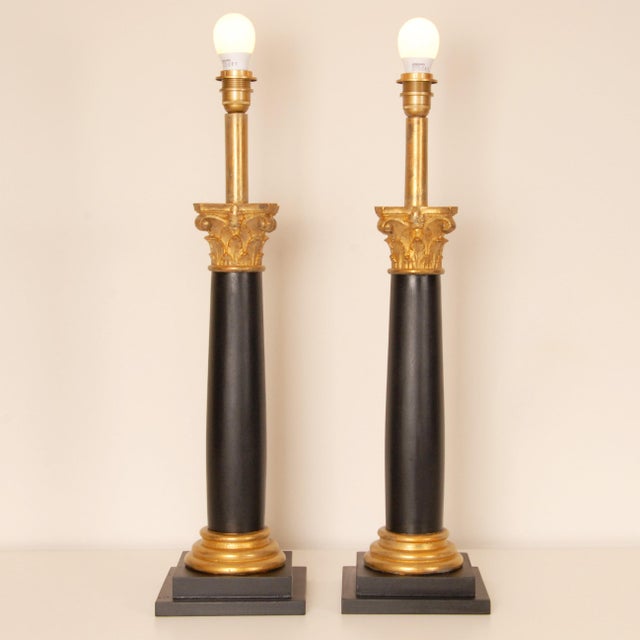 Black Vintage Italian Table Lamps Corinthian Column Lamps Black Gold Wood Hand Carved - A Pair For Sale - Image 8 of 9