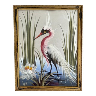 1950s Mid Century Tropical Bird Painting by Artist M. Devoe, Framed For Sale
