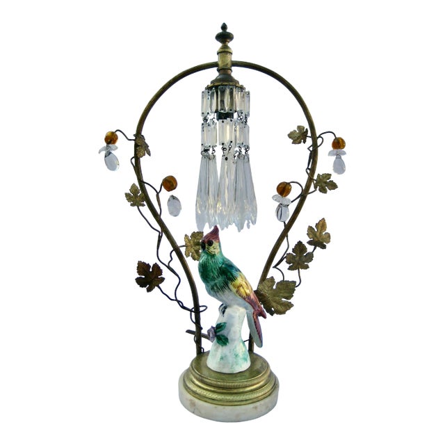 Bird Porcelain Crystal Lamp Circa 1920 For Sale