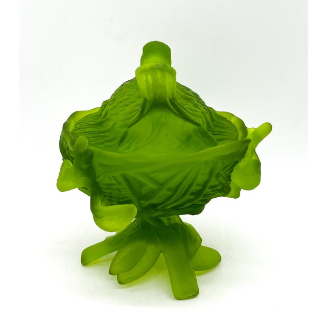 Westmoreland Glass Mid-Century Westmoreland Lime Green Satin Glass Bird on Nest Candy Dish – Frosted Songbird Covered Bowl - - Cottagecore, Grandmillennial For Sale - Image 4 of 15