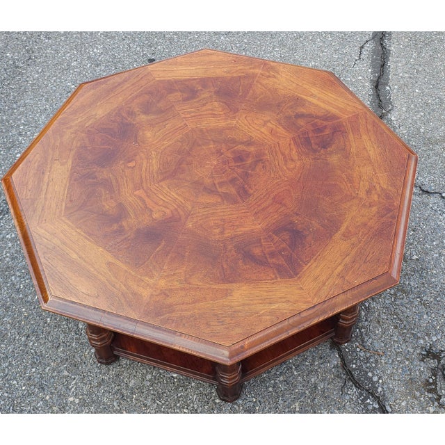 Wood Late 20th Century Octogonal Bookmatched Burl Fruitwoods Tiered Coffee Table For Sale - Image 7 of 10