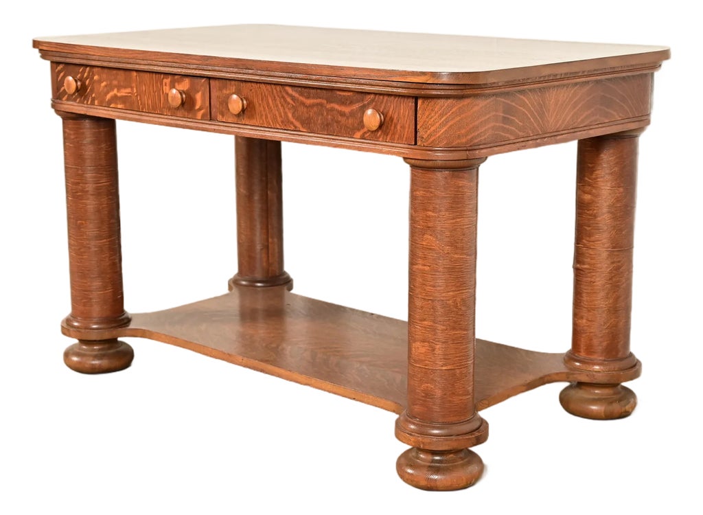 Antique Victorian Carved Tiger Oak Writing Desk or Library Table