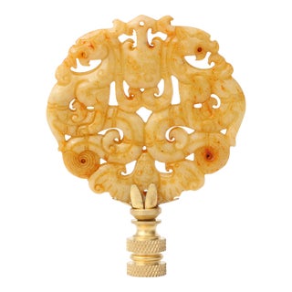 Dragon Crest Carved Stone Lamp Finial on Brass Hardware For Sale