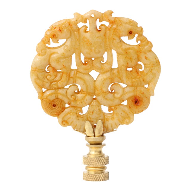 Dragon Crest Carved Stone Lamp Finial on Brass Hardware For Sale