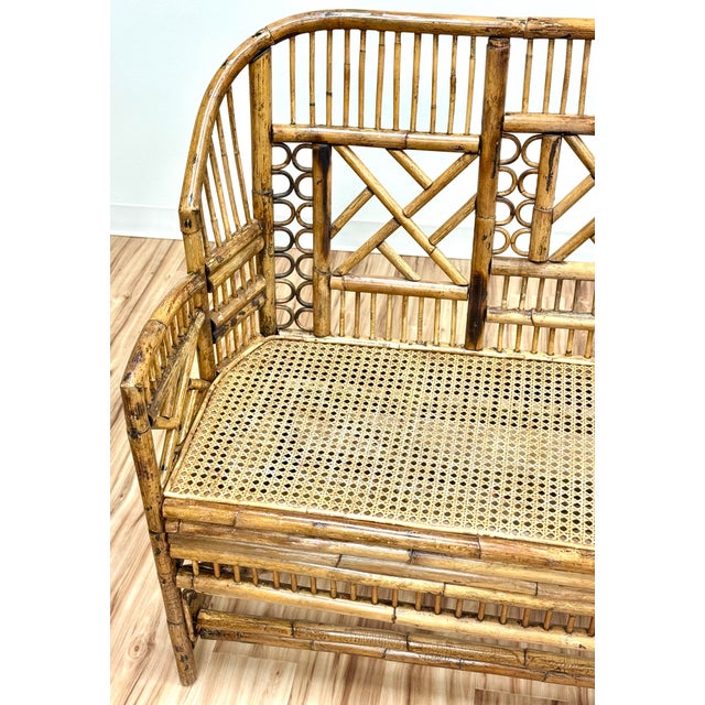Vintage Brighton Pavilion Style Chippendale Bamboo Caned Seat Bench Settee For Sale - Image 10 of 11