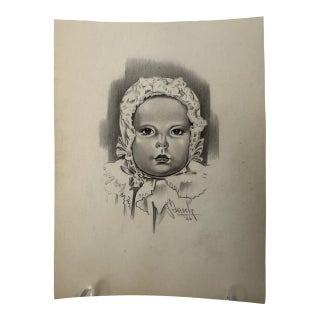 1940s Original Signed Graphite Illustration of Child Portrait in Lace Bonnet, 10 × 8 In. For Sale