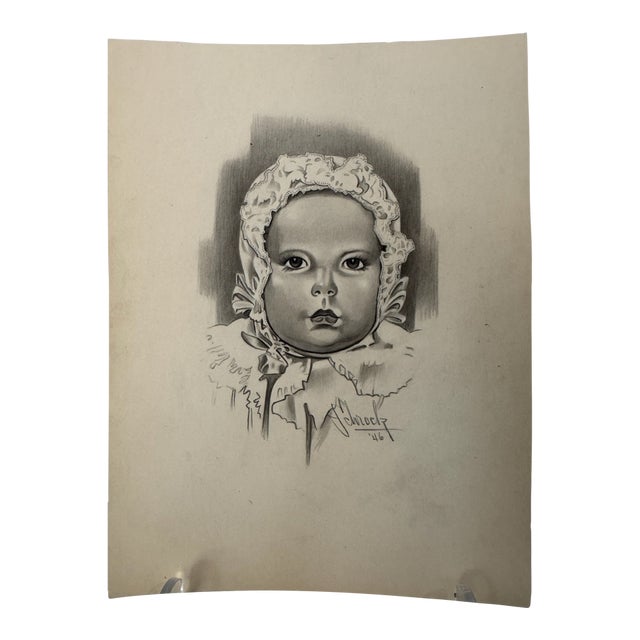 1940s Original Signed Graphite Illustration of Child Portrait in Lace Bonnet, 10 × 8 In. For Sale