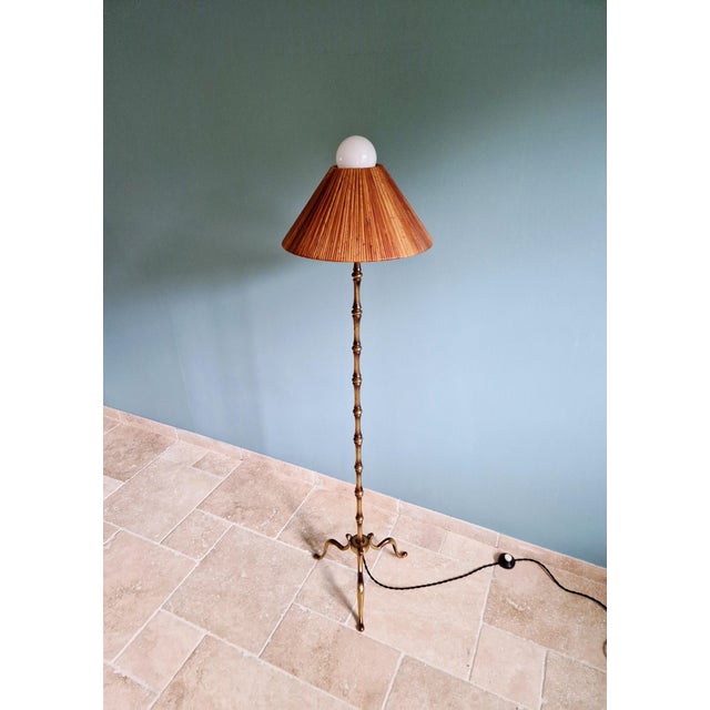 Mid-Century Modern Brass Floor Lamp with Rattan Lampshade, 1950s For Sale - Image 17 of 18