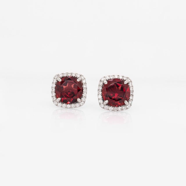 Modern Cosette Solid 14k White Gold Garnet Stud Earrings With Natural Diamond Halo, Pair For Sale - Image 3 of 6