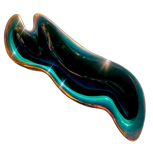 Dark Green 1950s Large BIomorphic Emerald and Parcel Gilt Ceramic Centerpiece Bowls - a Pair For Sale - Image 8 of 12