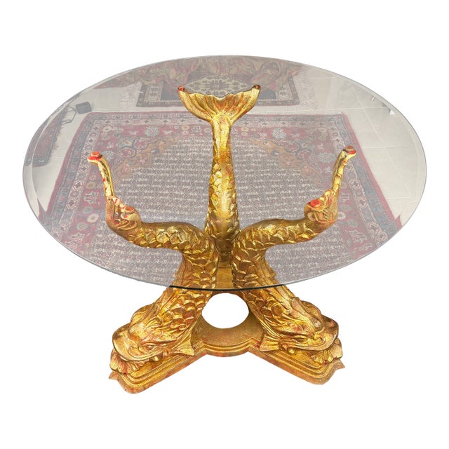 Vintage Hollywood Regency Gold Koi Fish With Round Glass Top Dining Table For Sale