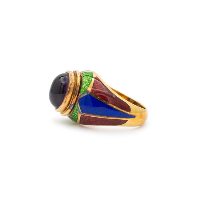 Vintage Mavito New York 18K Yellow Gold Amethyst Blue Green Enamel Cocktail Ring Size 6 For Sale - Image 4 of 8