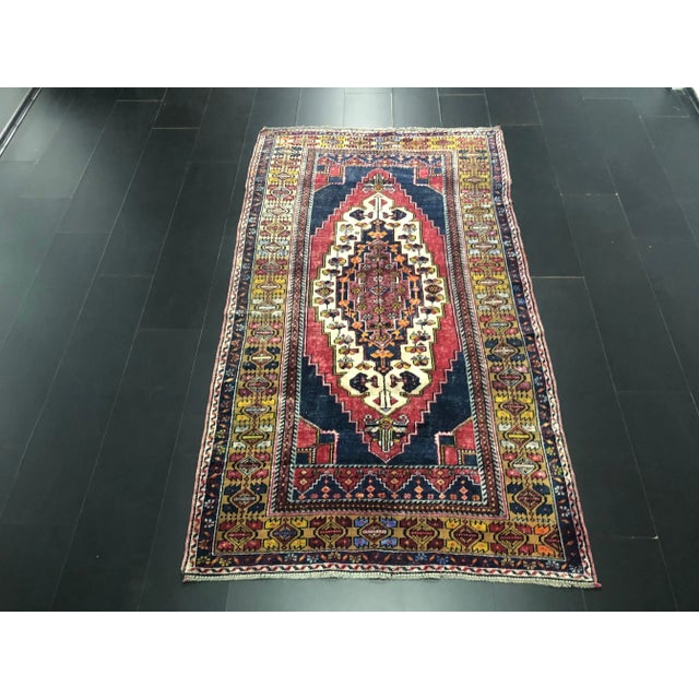 Boho Chic Vintage Ethnic Medallion Design Turkish Red and Blue Rug For Sale - Image 3 of 11