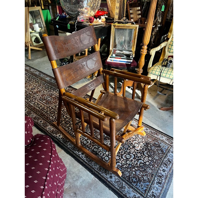 Brown Wooden and Leather Handmade Rocking Chair With Costa Rica Birds Design For Sale - Image 8 of 12