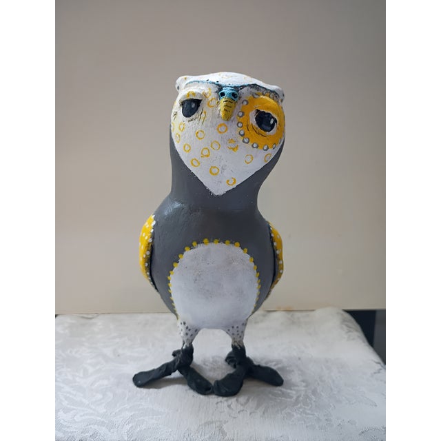 Paper Whimsical Handmade Paper Mâché Folk Art Owl Figurine - For Sale - Image 7 of 8