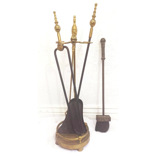 Exquisite set of hand made brass fireplace tools from England (late 1800s) along with hand forged iron brush from France...
