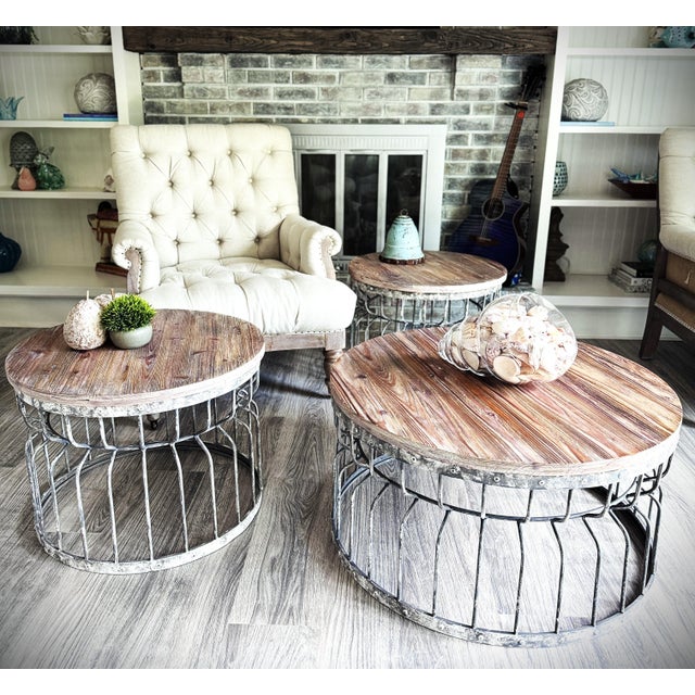 Transitional Reclaimed Wood & Distressed Wrought Iron Coffee & Side Tables Trio For Sale - Image 11 of 13
