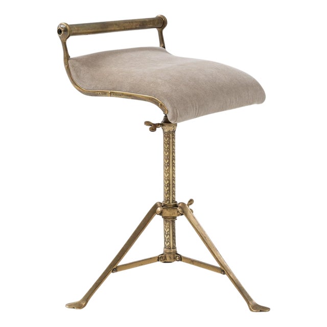 1920s French Brass Adjustable Stool With Upholstered Seat and Tripod Base For Sale
