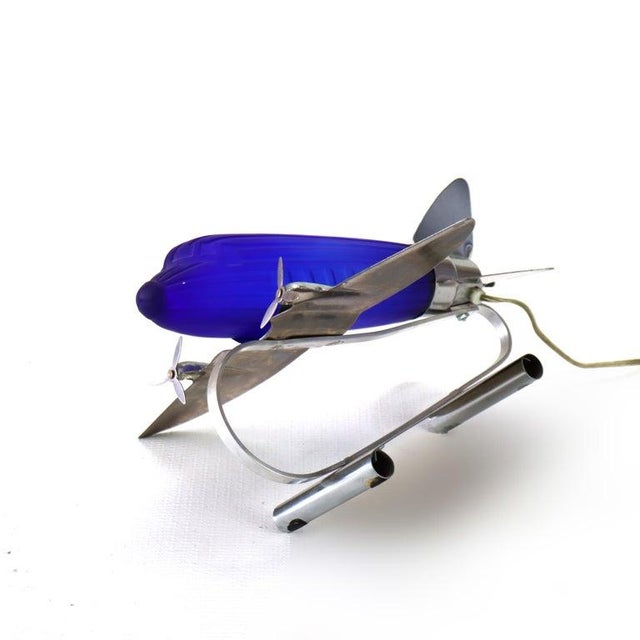 Metal Vintage Chrome & Cobalt Blue Art Deco Dc-3 Airplane Table Lamp C1977 For Sale - Image 7 of 9