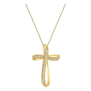 Channel Set Diamond Cross Necklace .75cttw 14k Yellow Gold 16" For Sale