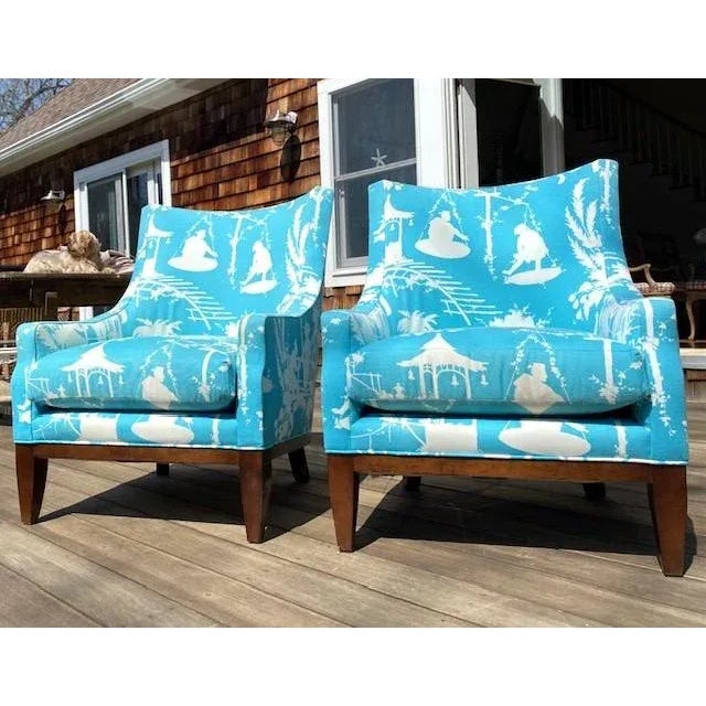 Wingback Chairs by Lee Jofa, Upholstered in Thibaut's South Seas, A Pair Custom-upholstered in Thibaut’s audaciously...